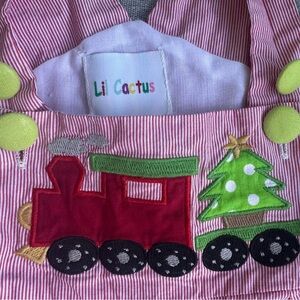 Red Striped Overalls with Christmas Train and Tree 6-12m